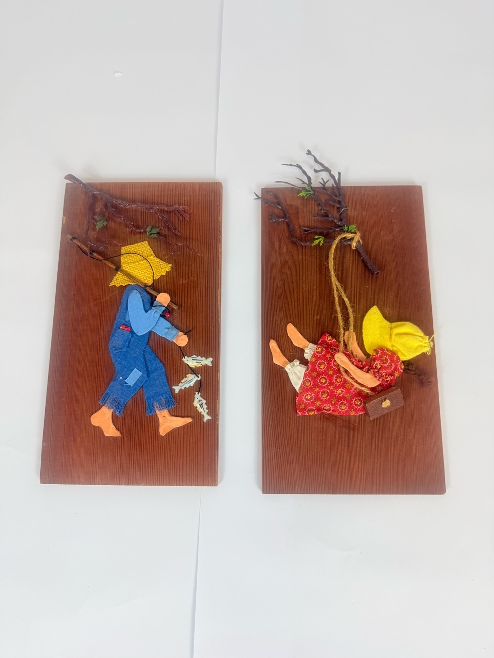 Handmade Folk Art Wall Plaques - Boy With Fish & Girl on Swing Yellow Hats VTG